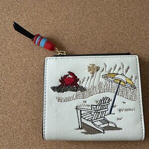 Tory Burch Cream Wallet with Red Crab Embroidery